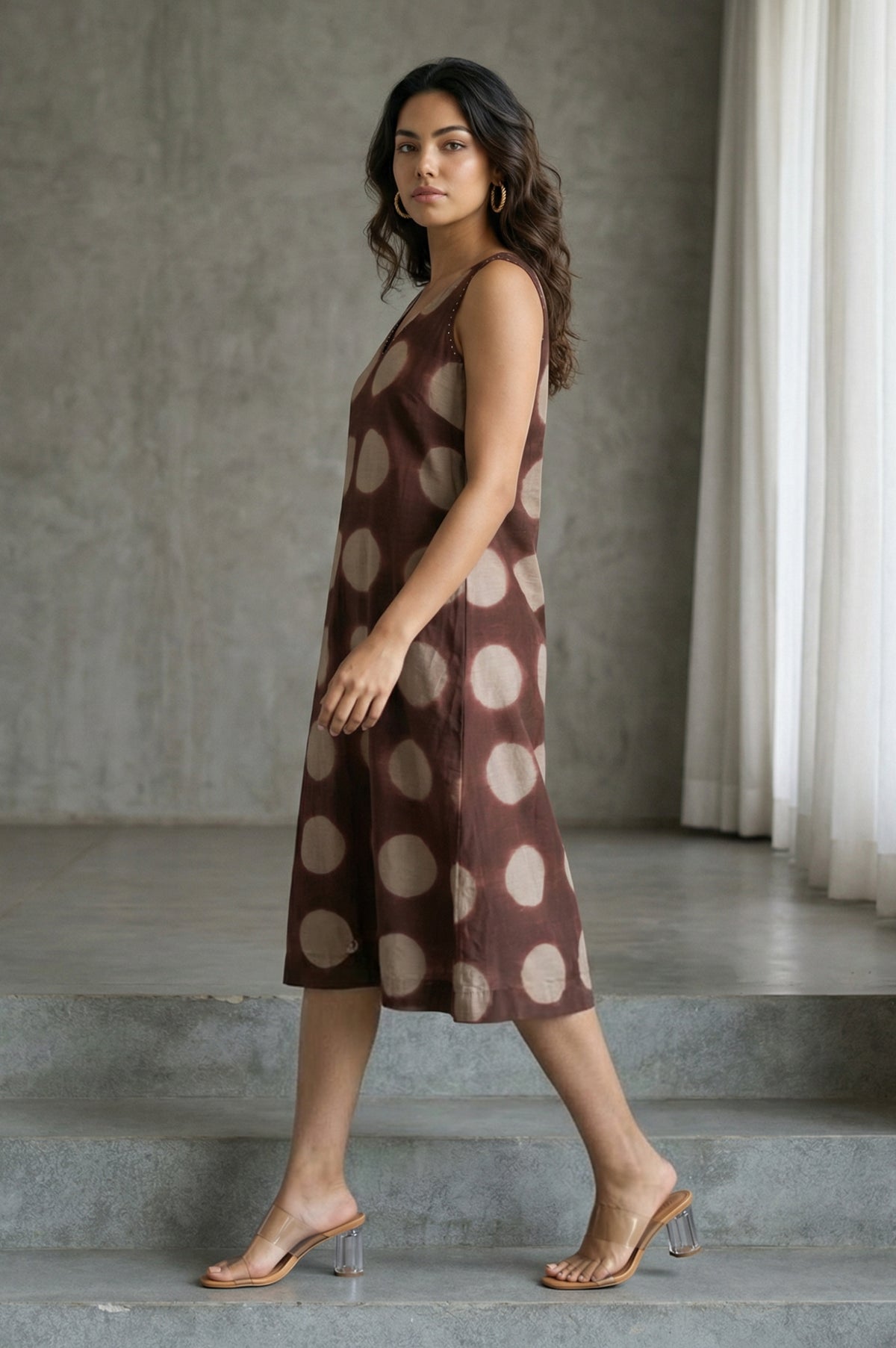 Brown Shibori Printed Sleeveless Cotton Silk Flared Western Dress