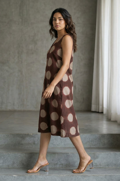 Brown Shibori Printed Sleeveless Cotton Silk Flared Western Dress