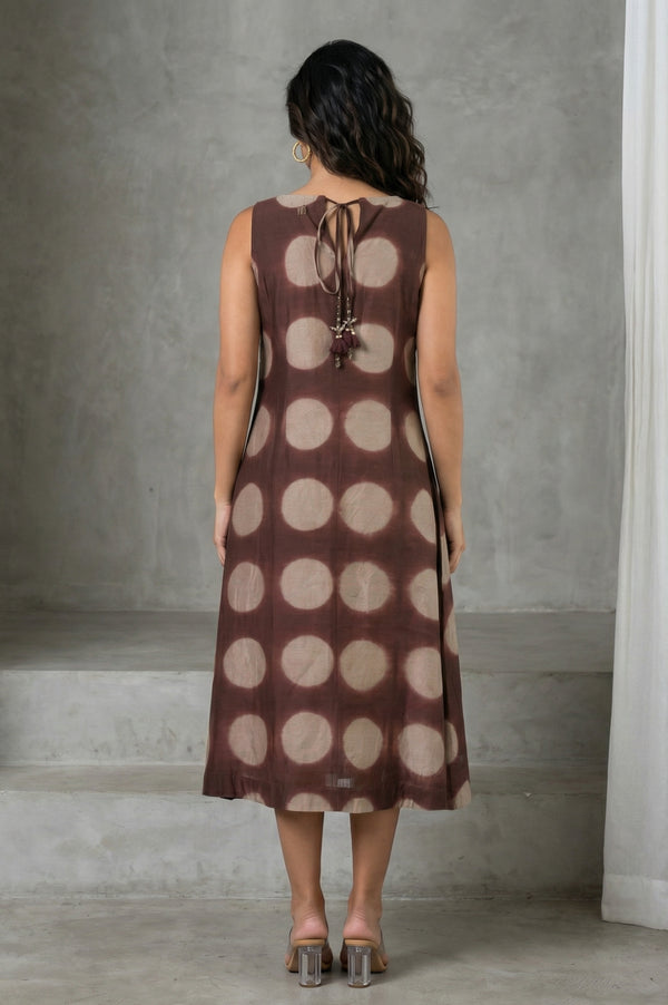 Brown Shibori Printed Sleeveless Cotton Silk Flared Western Dress