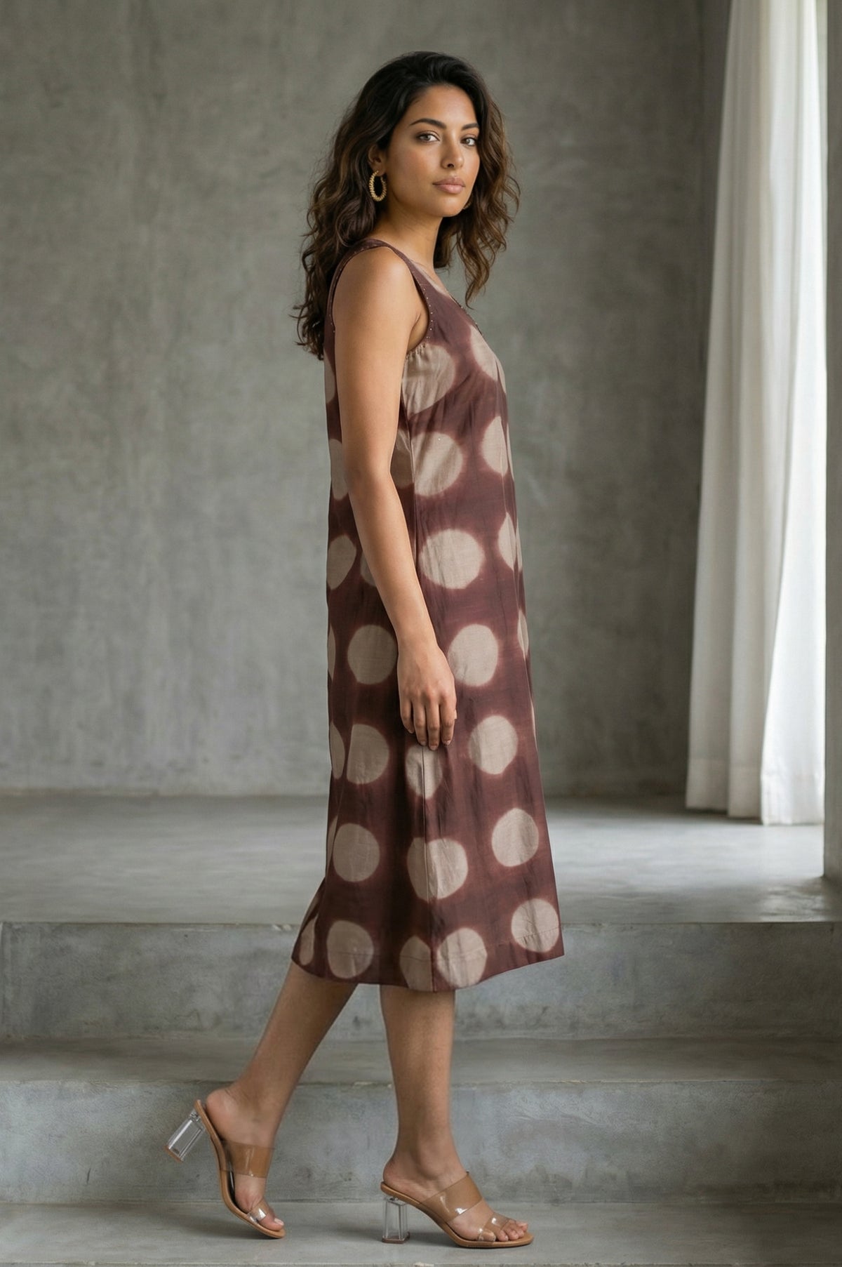 Brown Shibori Printed Sleeveless Cotton Silk Flared Western Dress