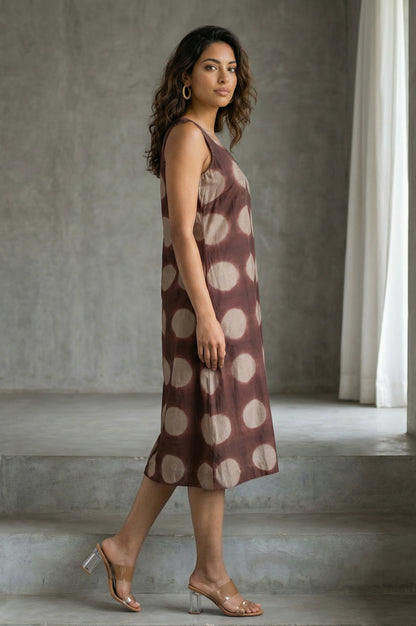 Brown Shibori Printed Sleeveless Cotton Silk Flared Western Dress