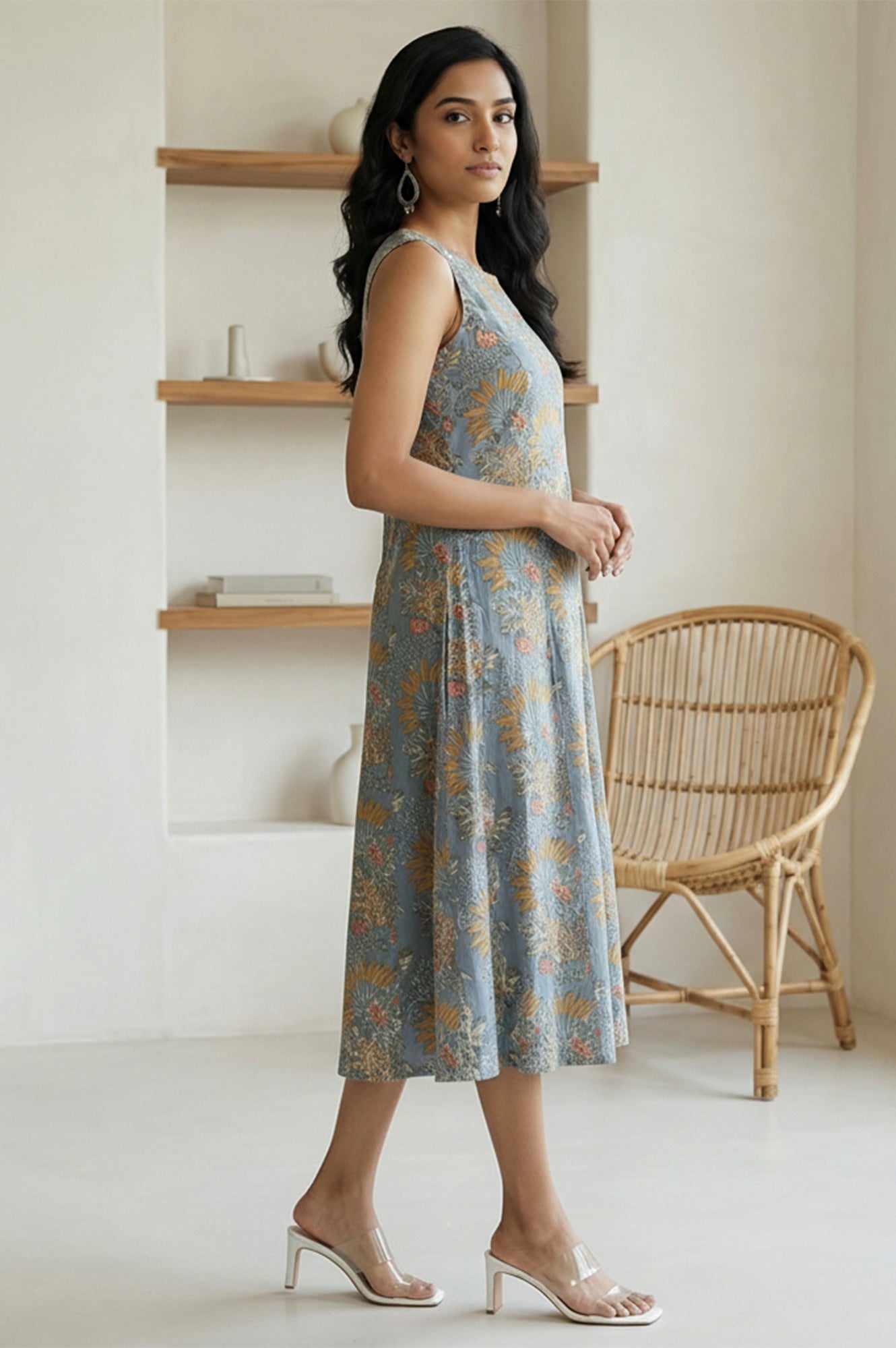 Blue Block Printed Pure Cotton A-line Dress