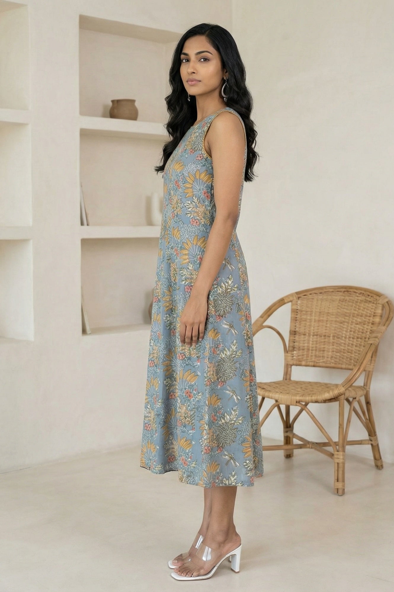 Blue Block Printed Pure Cotton A-line Dress