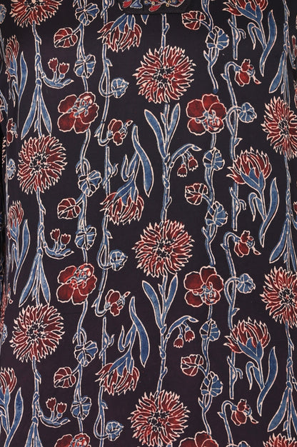 Brown Block Printed Sequins Satin Straight Kurta
