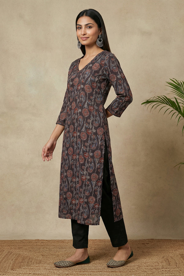 Brown Block Printed Sequins Satin Straight Kurta