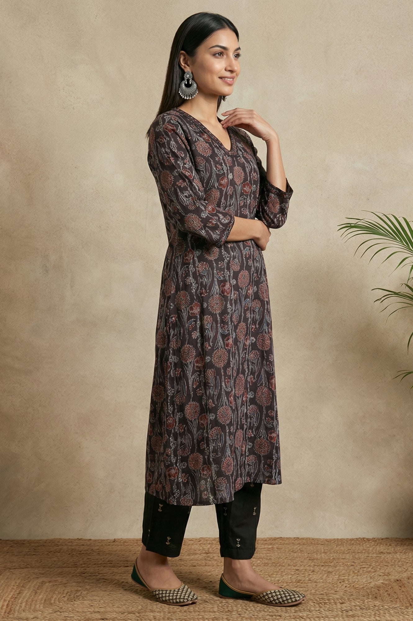 Brown Block Printed Sequins Satin Straight Kurta