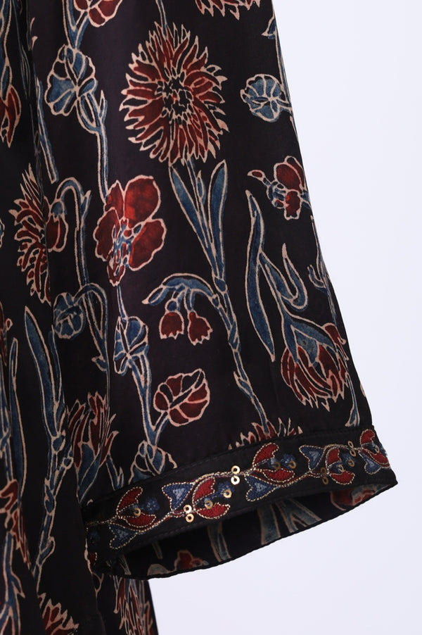 Brown Block Printed Sequins Satin Straight Kurta