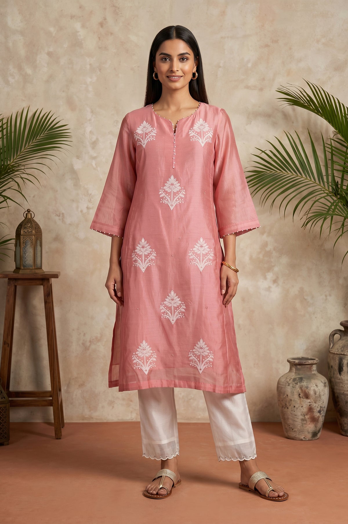 Pink Embroidered Cotton Silk Straight Kurta - XS