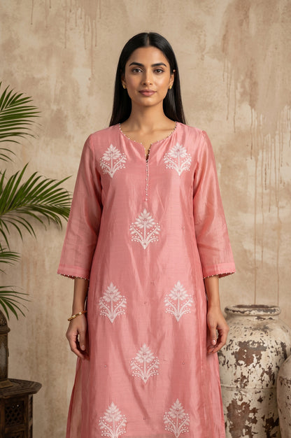 Pink Embroidered Cotton Silk Straight Kurta