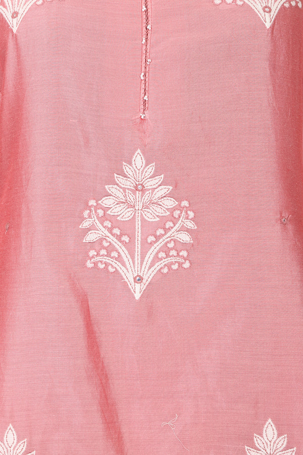 Pink Embroidered Cotton Silk Straight Kurta