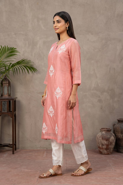Pink Embroidered Cotton Silk Straight Kurta