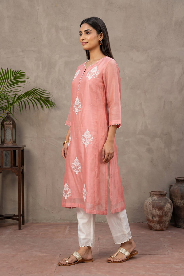 Pink Embroidered Cotton Silk Straight Kurta