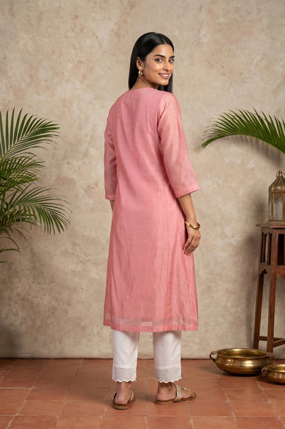 Pink Embroidered Cotton Silk Straight Kurta