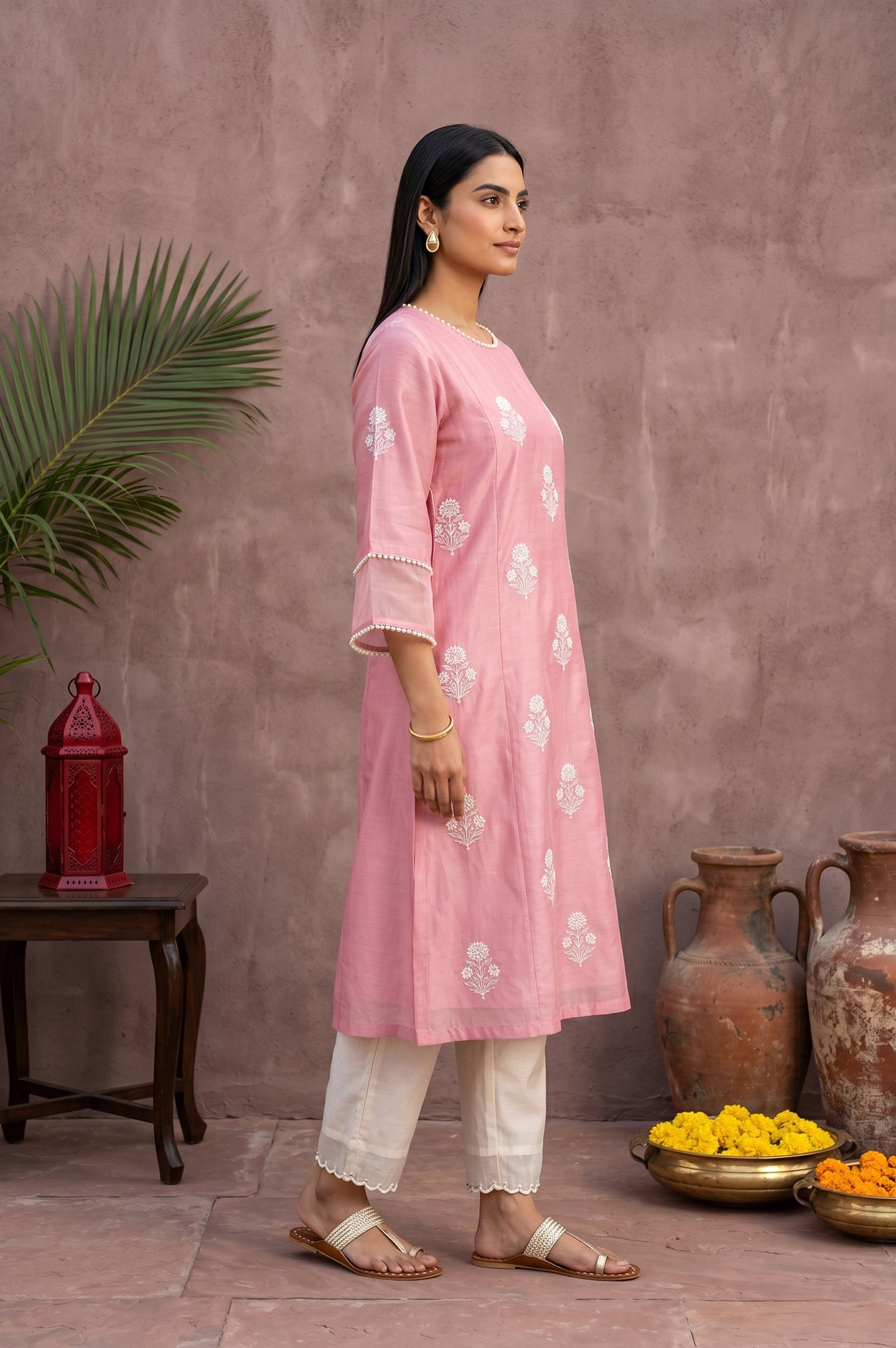 Pink Embroidered Cotton Silk Straight Kurta