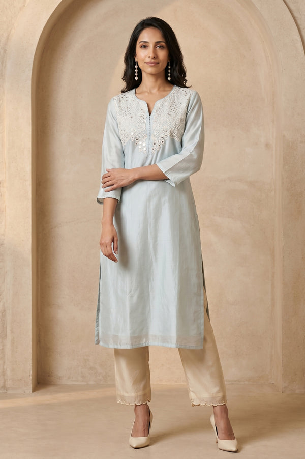 Blue Embroidered Cotton Silk Straight Kurta