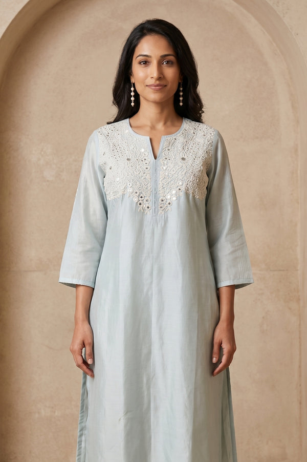 Blue Embroidered Cotton Silk Straight Kurta