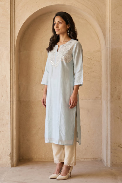 Blue Embroidered Cotton Silk Straight Kurta