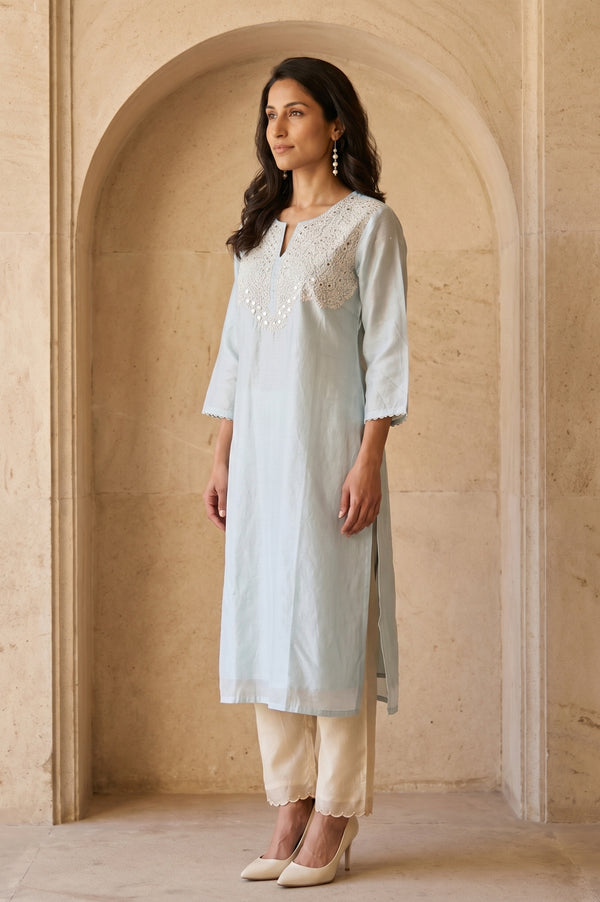 Blue Embroidered Cotton Silk Straight Kurta