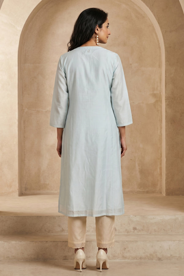 Blue Embroidered Cotton Silk Straight Kurta