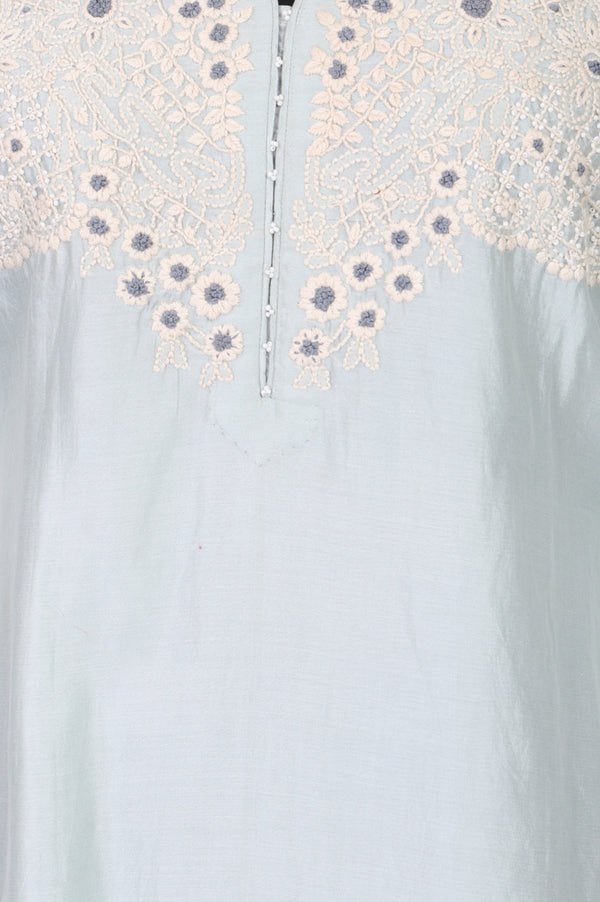 Blue Embroidered Cotton Silk Straight Kurta