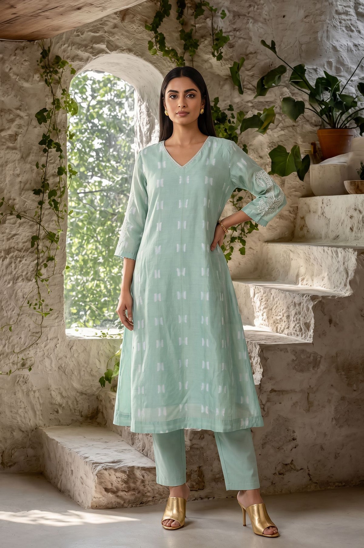 Sea Green Shibori Embroidered Cotton Silk Straight Kurta