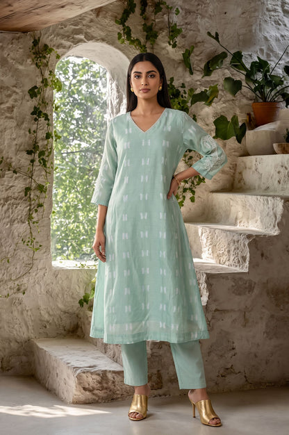 Sea Green Shibori Embroidered Cotton Silk Straight Kurta