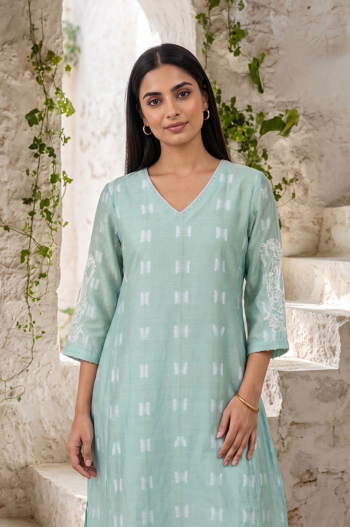 Sea Green Shibori Embroidered Cotton Silk Straight Kurta