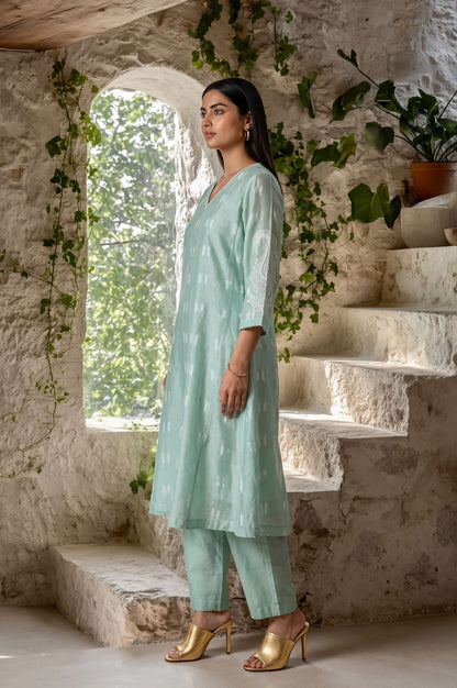Sea Green Shibori Embroidered Cotton Silk Straight Kurta