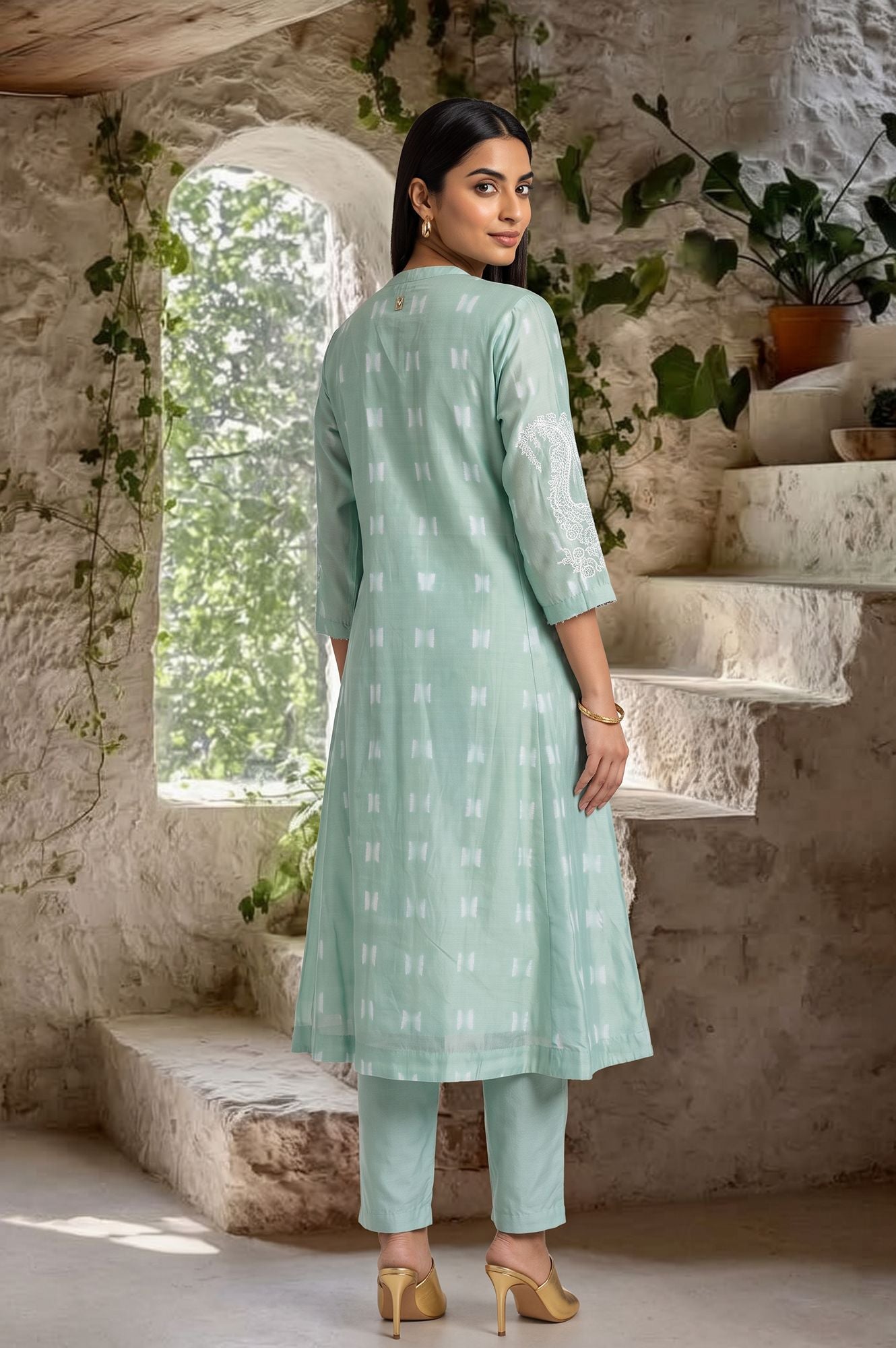 Sea Green Shibori Embroidered Cotton Silk Straight Kurta