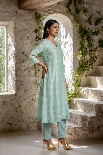 Sea Green Shibori Embroidered Cotton Silk Straight Kurta