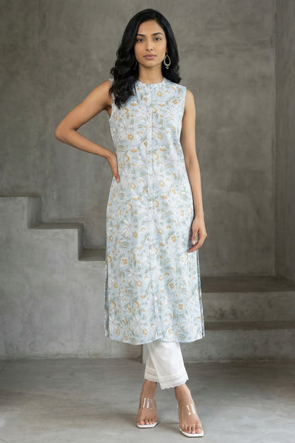 Blue Floral Printed Pure Cotton Straight Kurta
