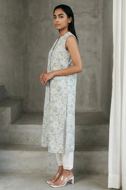 Blue Floral Printed Pure Cotton Straight Kurta