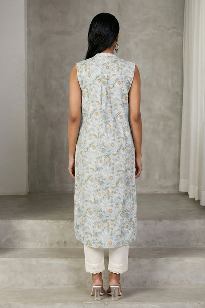 Blue Floral Printed Pure Cotton Straight Kurta