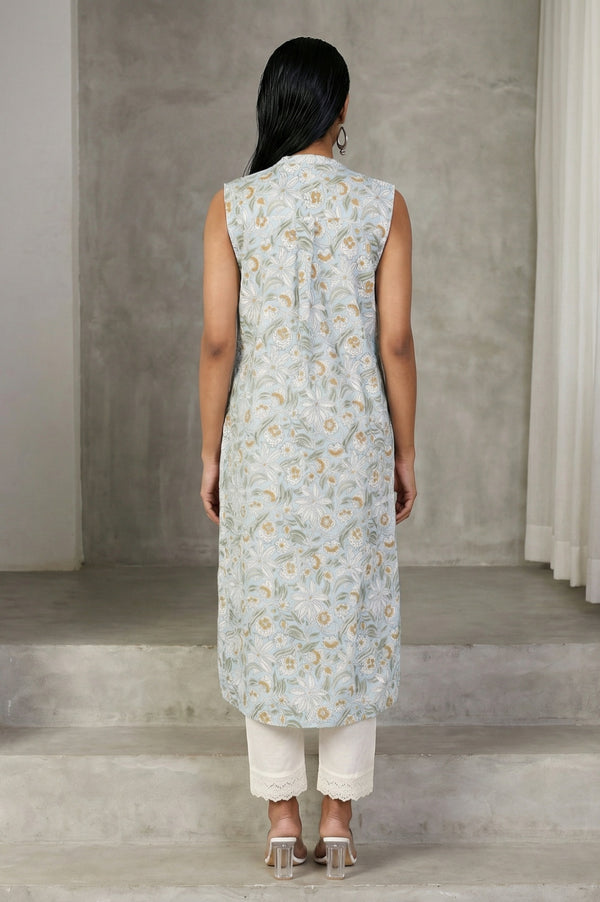 Blue Floral Printed Pure Cotton Straight Kurta