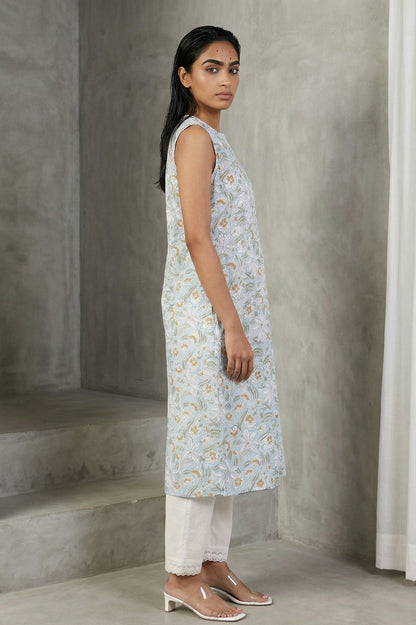 Blue Floral Printed Pure Cotton Straight Kurta