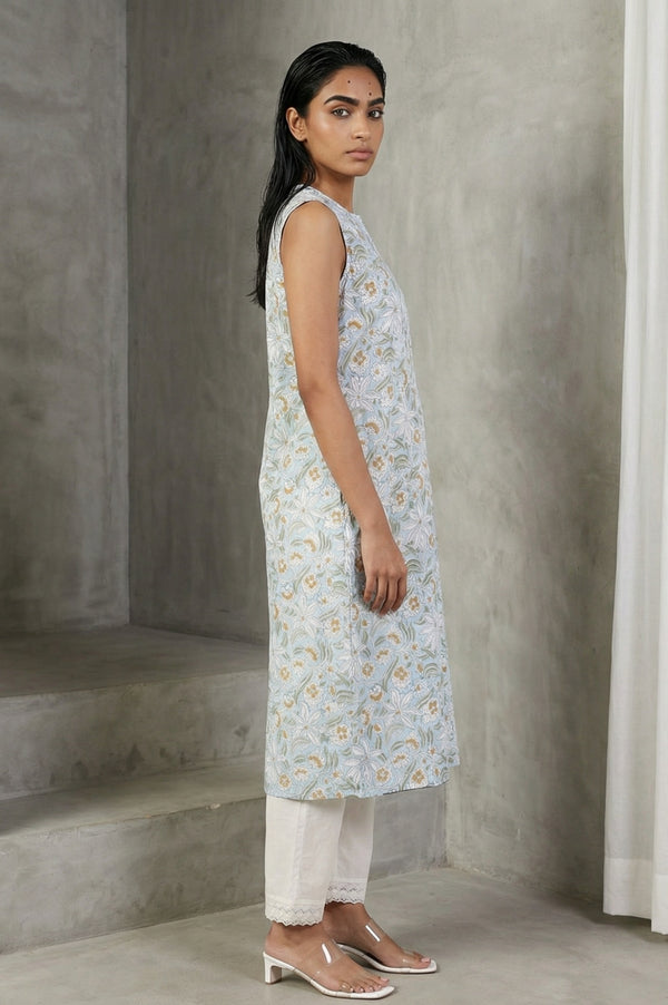 Blue Floral Printed Pure Cotton Straight Kurta