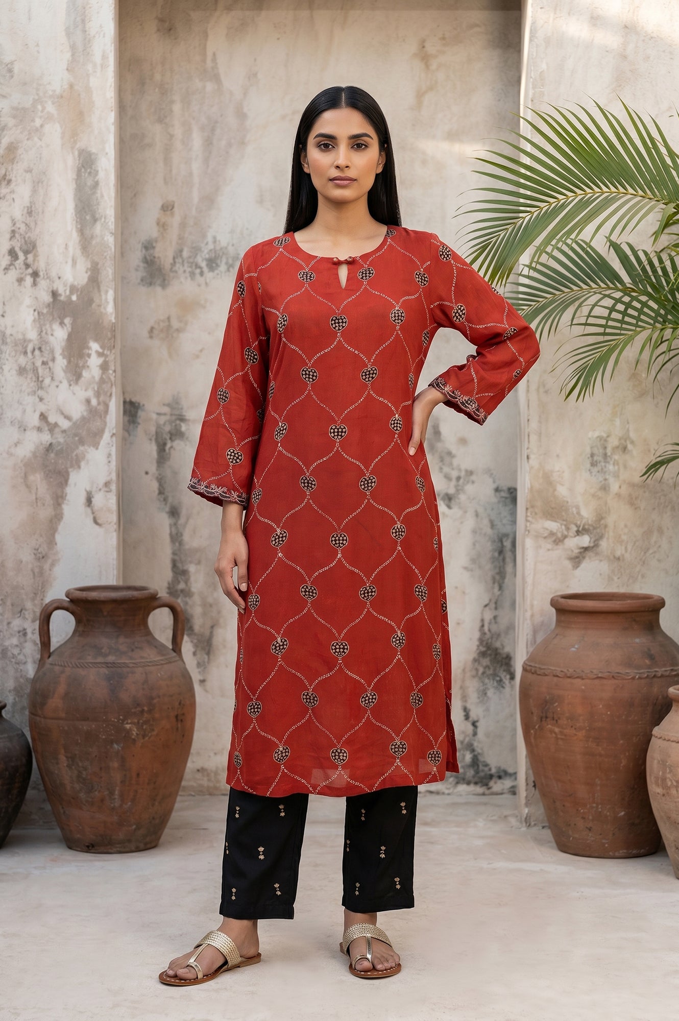 Red Block Printed Modal Satin Straight Kurta