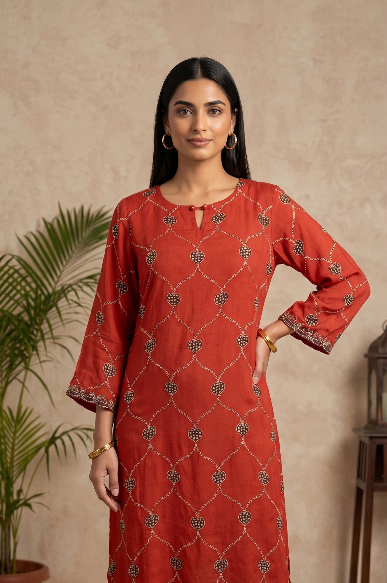 Red Block Printed Modal Satin Straight Kurta