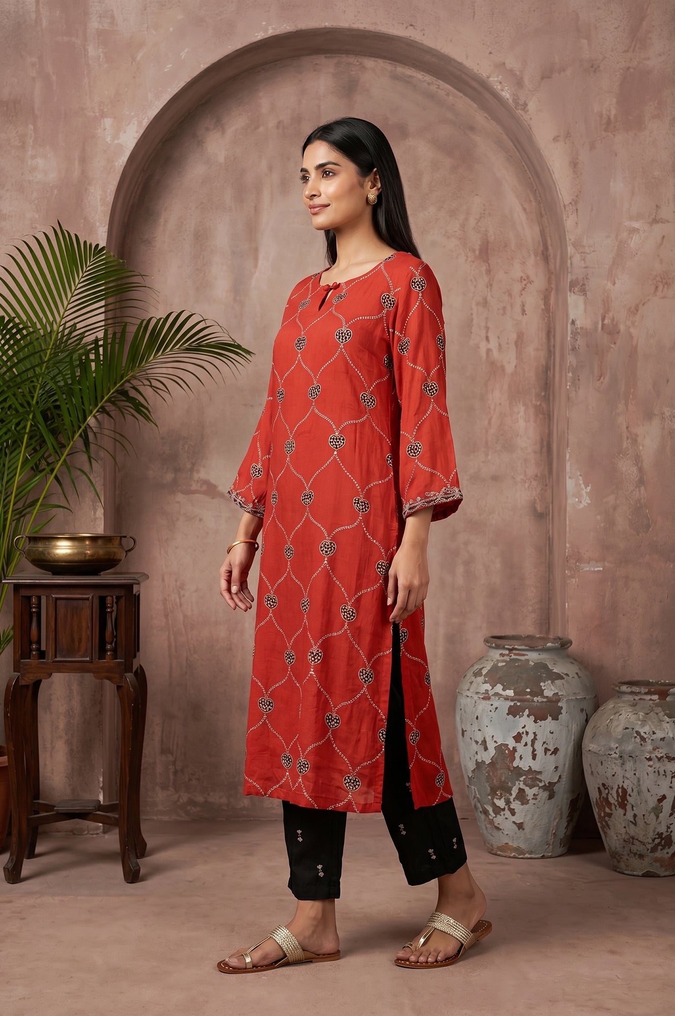 Red Block Printed Modal Satin Straight Kurta