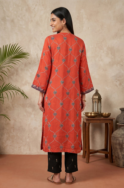 Red Block Printed Modal Satin Straight Kurta