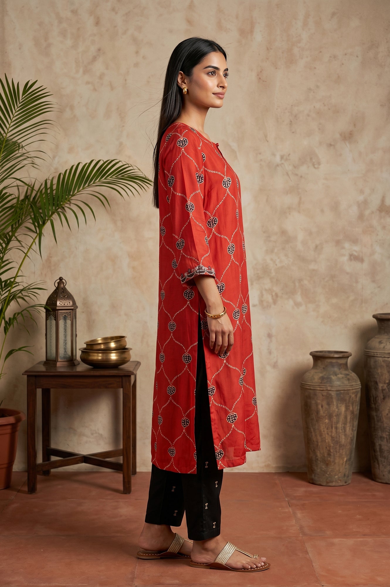Red Block Printed Modal Satin Straight Kurta