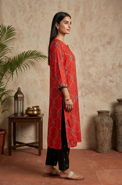 Red Block Printed Modal Satin Straight Kurta