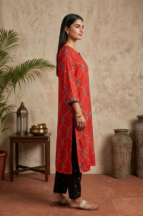 Red Block Printed Modal Satin Straight Kurta
