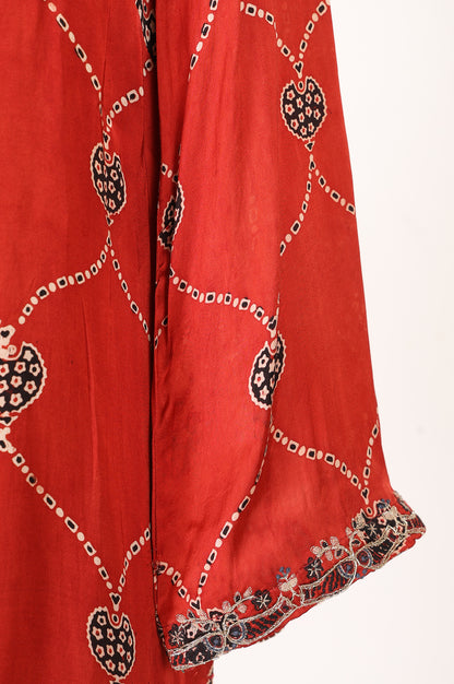 Red Block Printed Modal Satin Straight Kurta