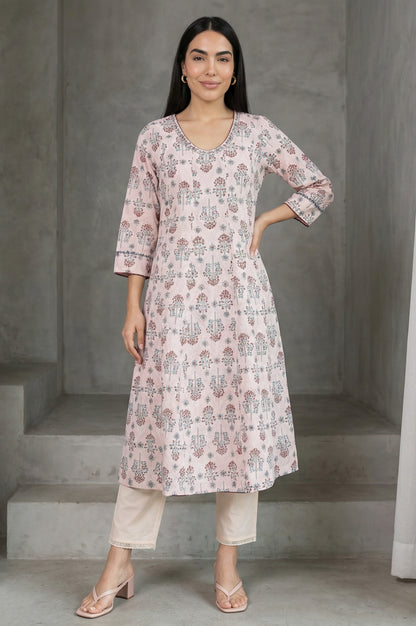 Light Pink Floral Printed Sequins Pure Cotton A-line Kurta