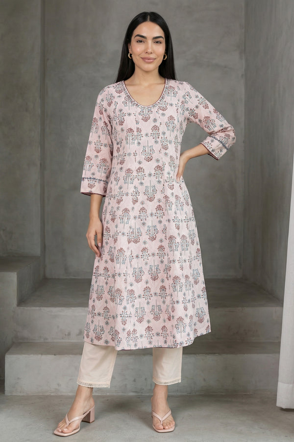 Light Pink Floral Printed Sequins Pure Cotton A-line Kurta