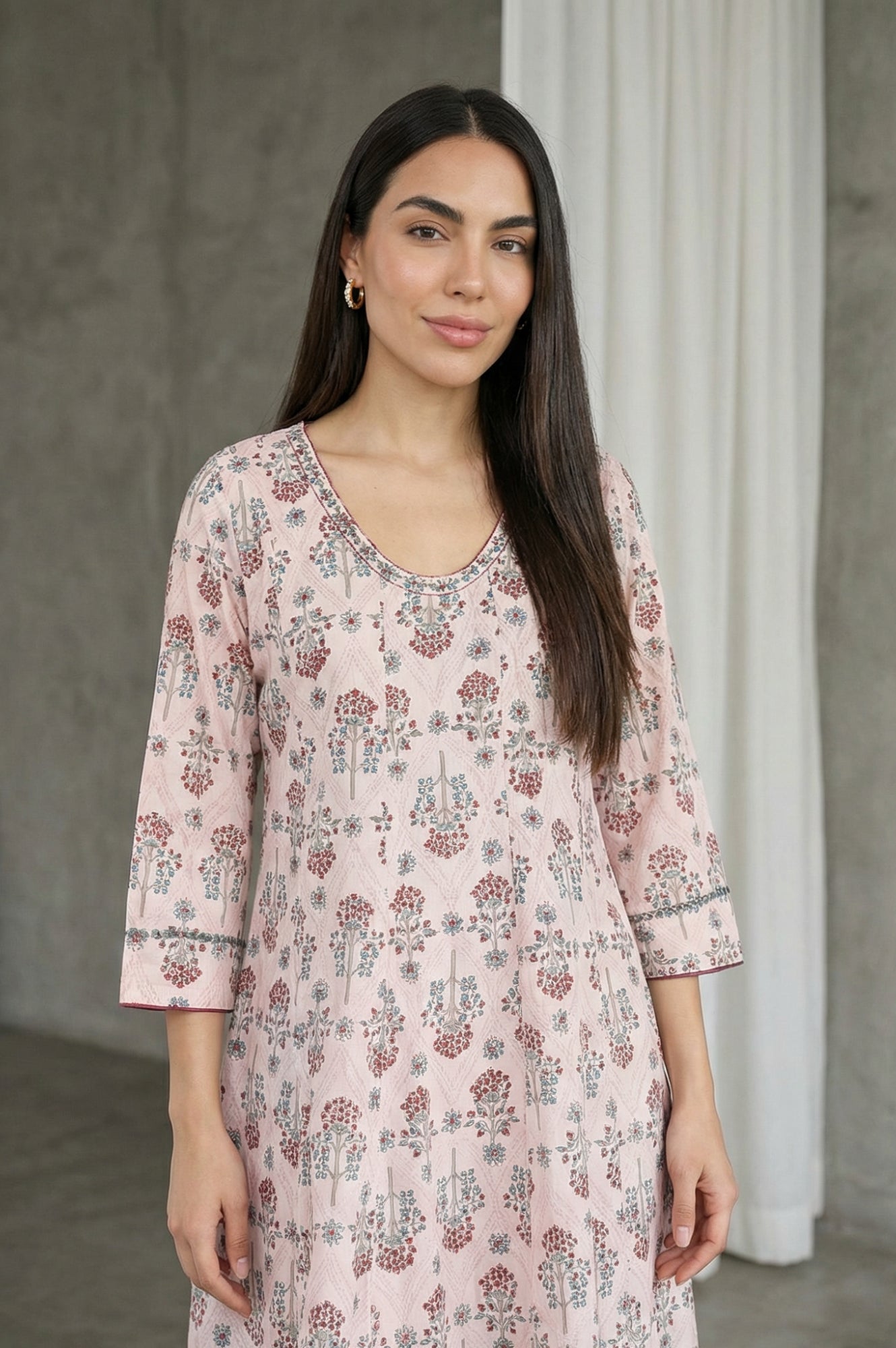 Light Pink Floral Printed Sequins Pure Cotton A-line Kurta