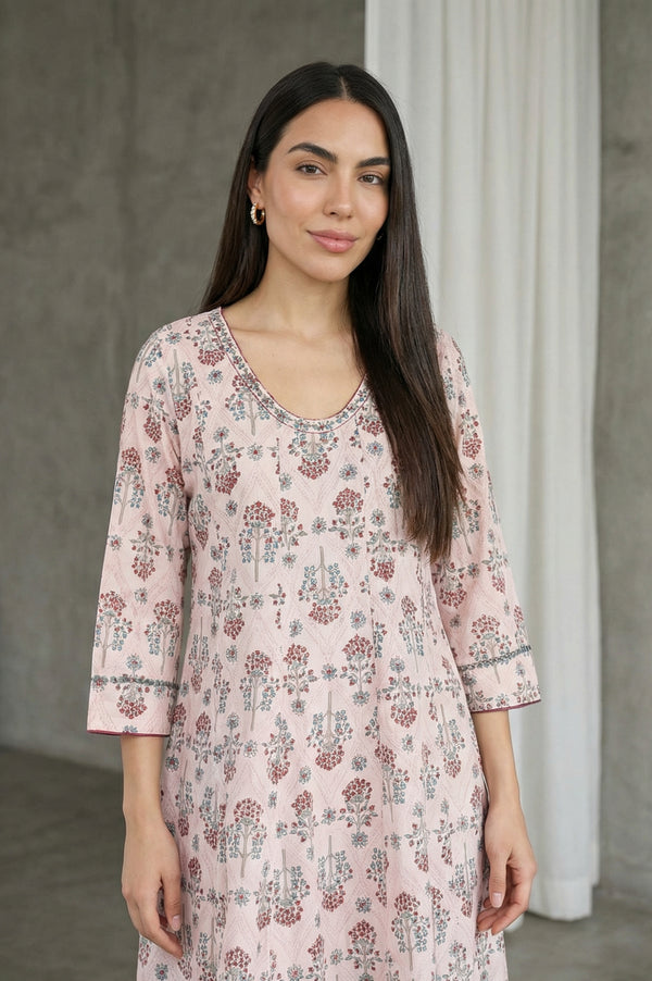 Light Pink Floral Printed Sequins Pure Cotton A-line Kurta