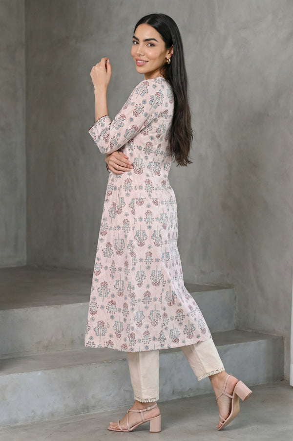 Light Pink Floral Printed Sequins Pure Cotton A-line Kurta