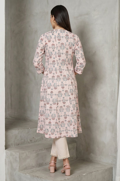 Light Pink Floral Printed Sequins Pure Cotton A-line Kurta